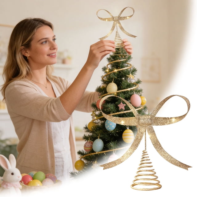 BotaniNest Easter Bow Topper Gold & Glitter Ribbon Bow With Spiral Base 9.37 Inch Top For Easter & Holiday Festive