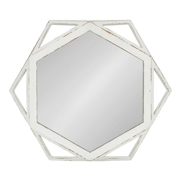 Kate and Laurel Cortland Rustic-Modern Geometric Octagon Shaped Wood Accent Wall Mirror, Distressed Antique White, 24x27-inches