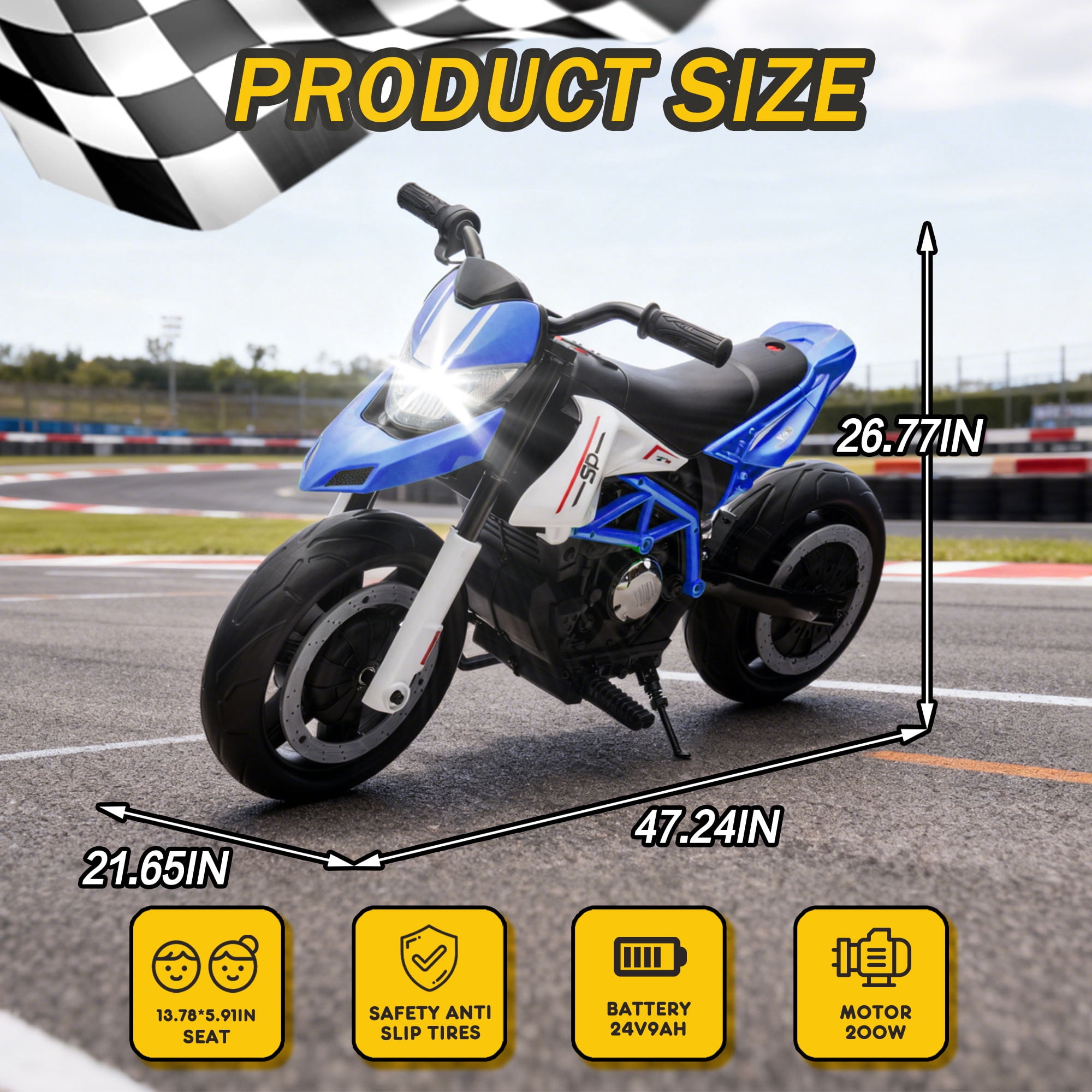Xuanlur 24V 9AH Electric Motorbike, 9 mph & 110lb Max, 200W Ride on Motorcycle for Big Kids w/EVA Tires, LED Lights & Power Display, 2 Speed, Bluetooth, Music, Electric Motorcycle for Ages 6+, Blue