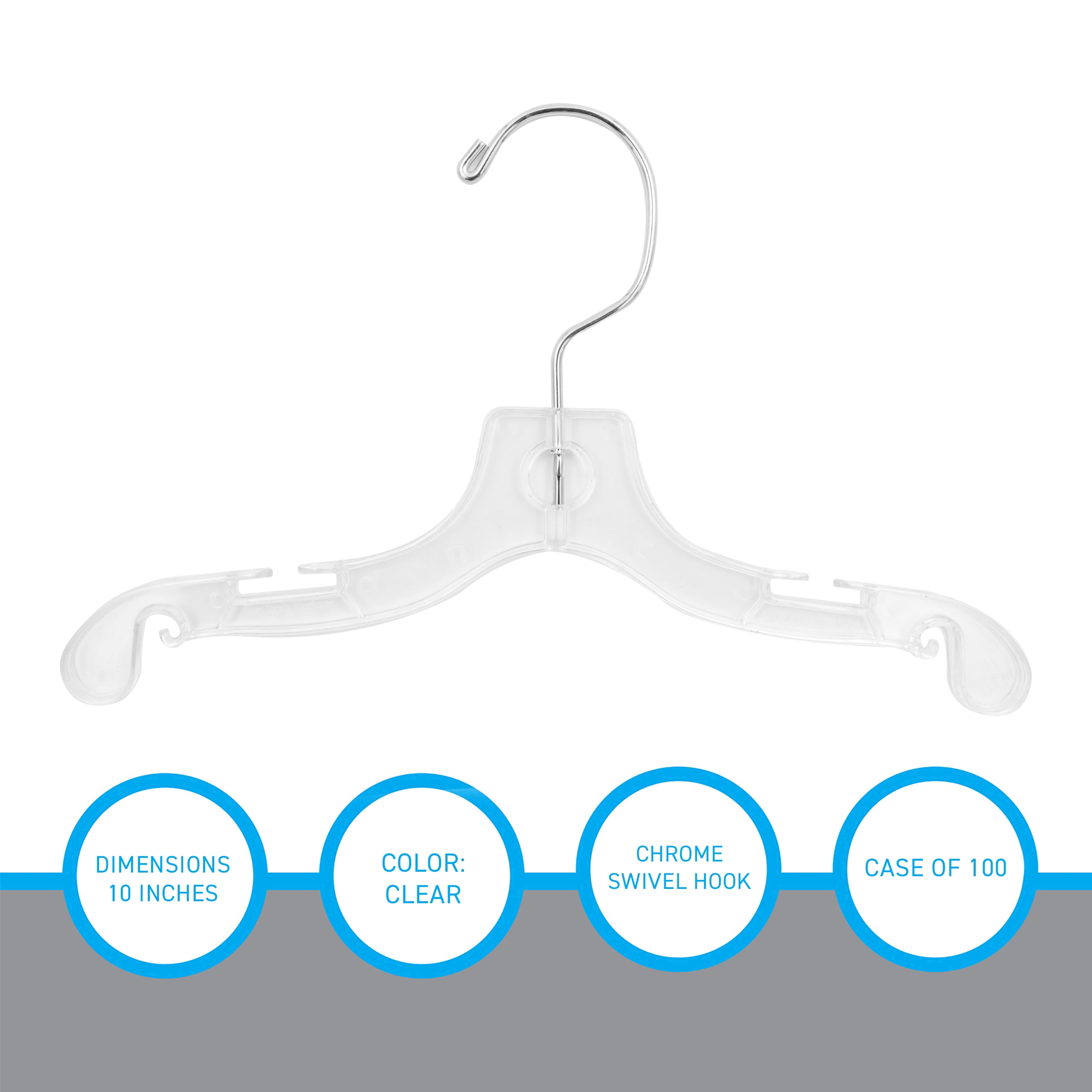 SSWBasics 10 Inch Clear Plastic Children's Dress Hangers - Case of 100 | Clear Plastic Hangers with Swivel Hook for Kids' Clothing | Durable Retail Hangers