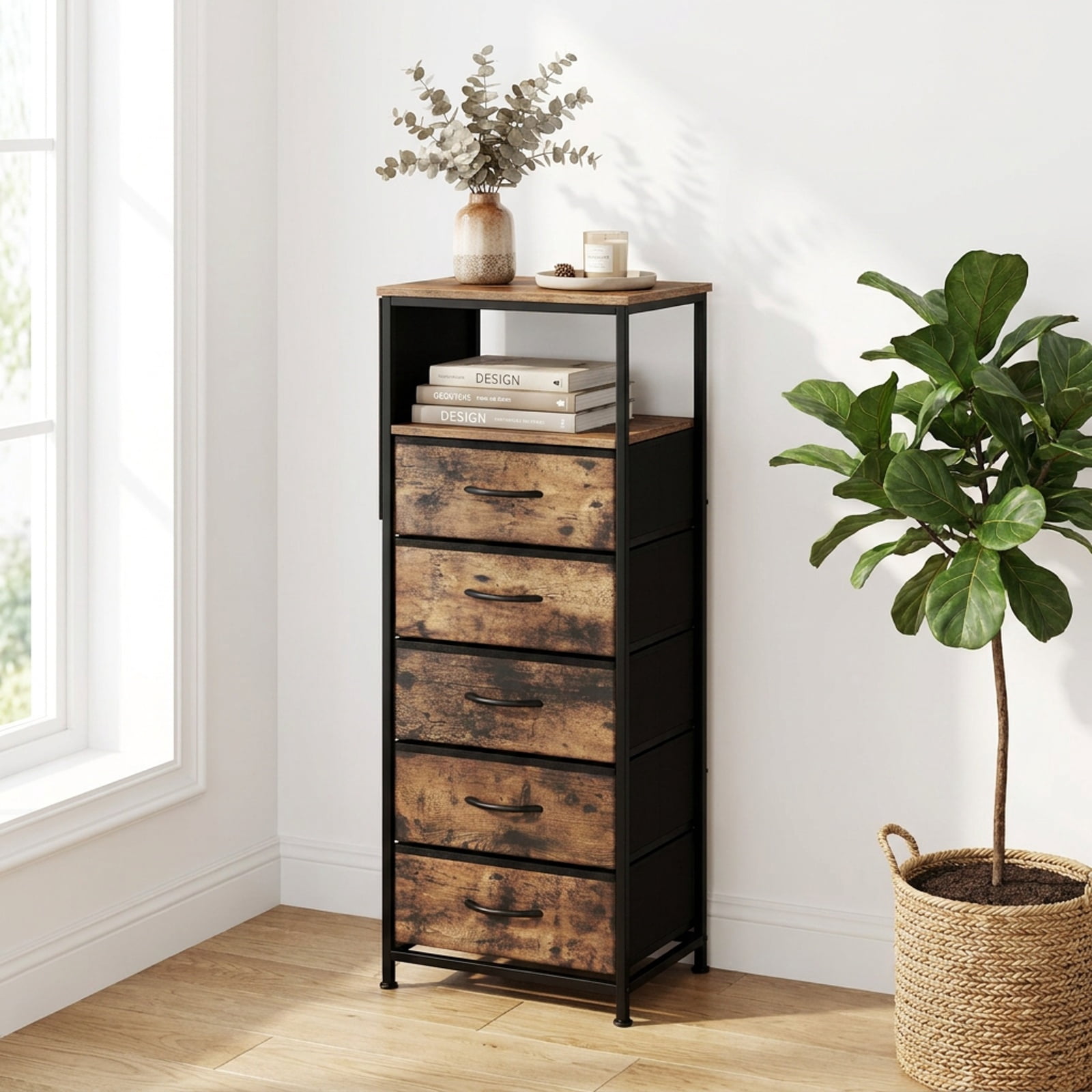 Furnibear 39 Inch Tall Nightstand with Integrated Charging Station and 5 Fabric Drawers