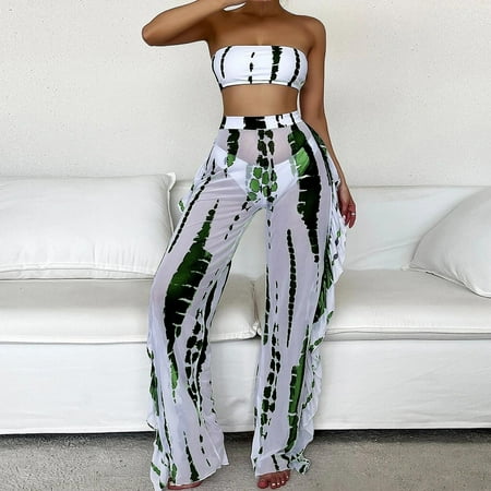 CAICJ98 High Waisted Swimsuits for Women Women s Floral Print Tie Front Bikini Bathing Suit 2 Piece Swimsuits Green L