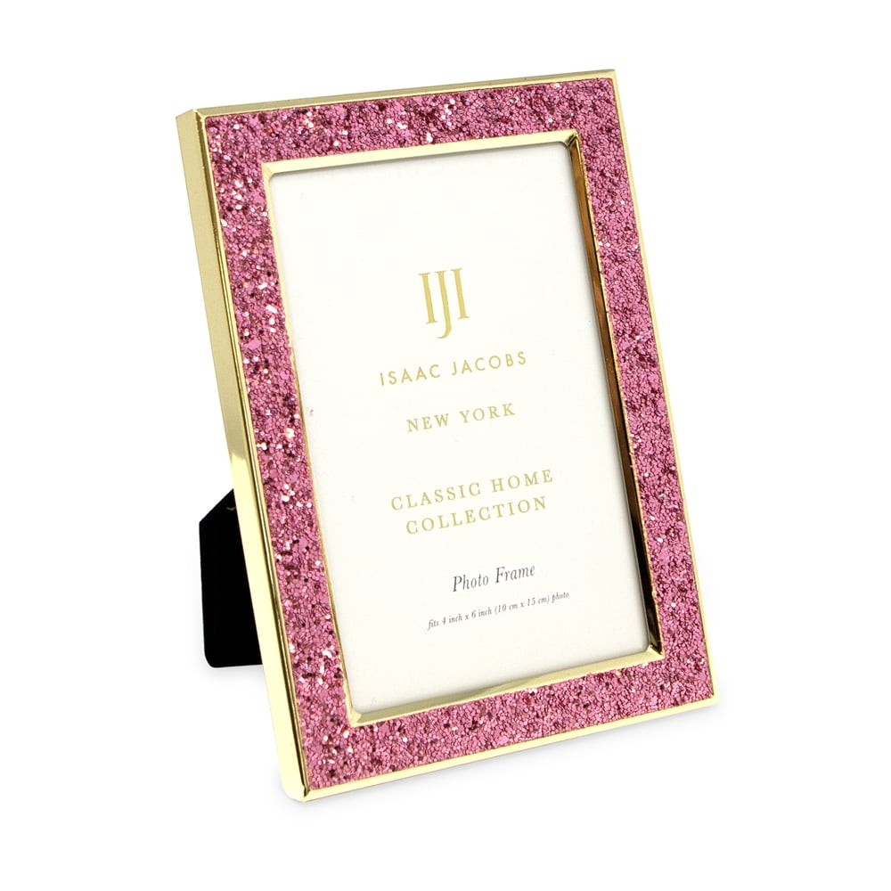 Isaac Jacobs 4x6 Pink Glitter Vertical & Horizontal and Gold Metal Picture Frame, with Black Fabric Easel, Wall-Mountable, Made for Tabletop, Counterspace, Shelf and Desk
