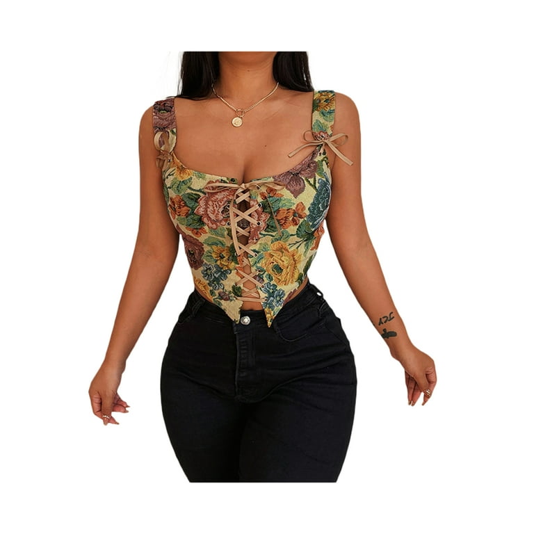 JIUE Corset, Women's Bustiers Vintage Colour V-Neck Bustier Corset Tops  Floral Print Pleated Camisole Waist Clip Sexy Crop Top Body Shaper Corsets  for Girls Bridal Party Beach : : Fashion