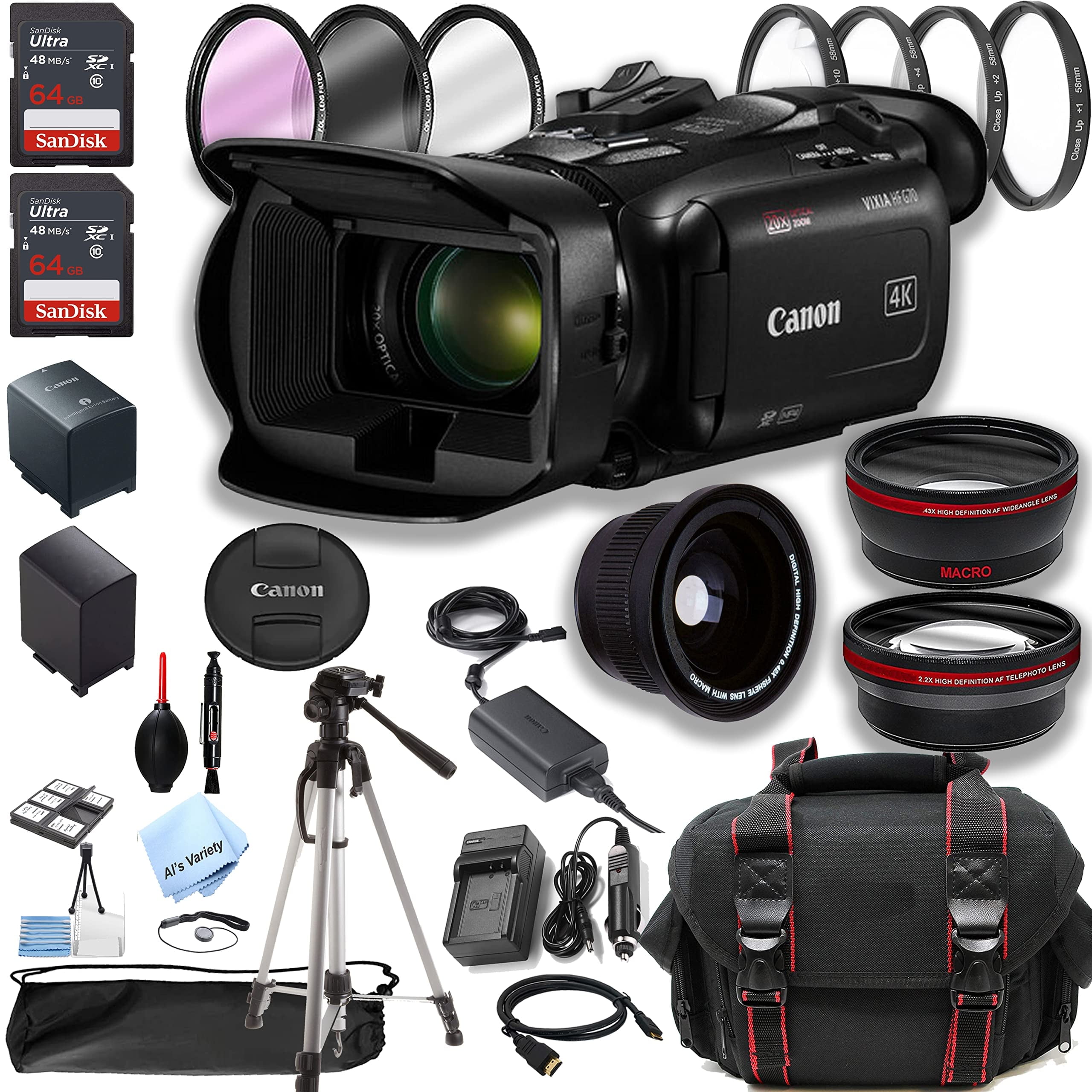 Canon Vixia HF G70 UHD 4K Camcorder+ Fisheye, Wide Angle & Telephoto Lenses +128GB SD Card and More (International Version)
