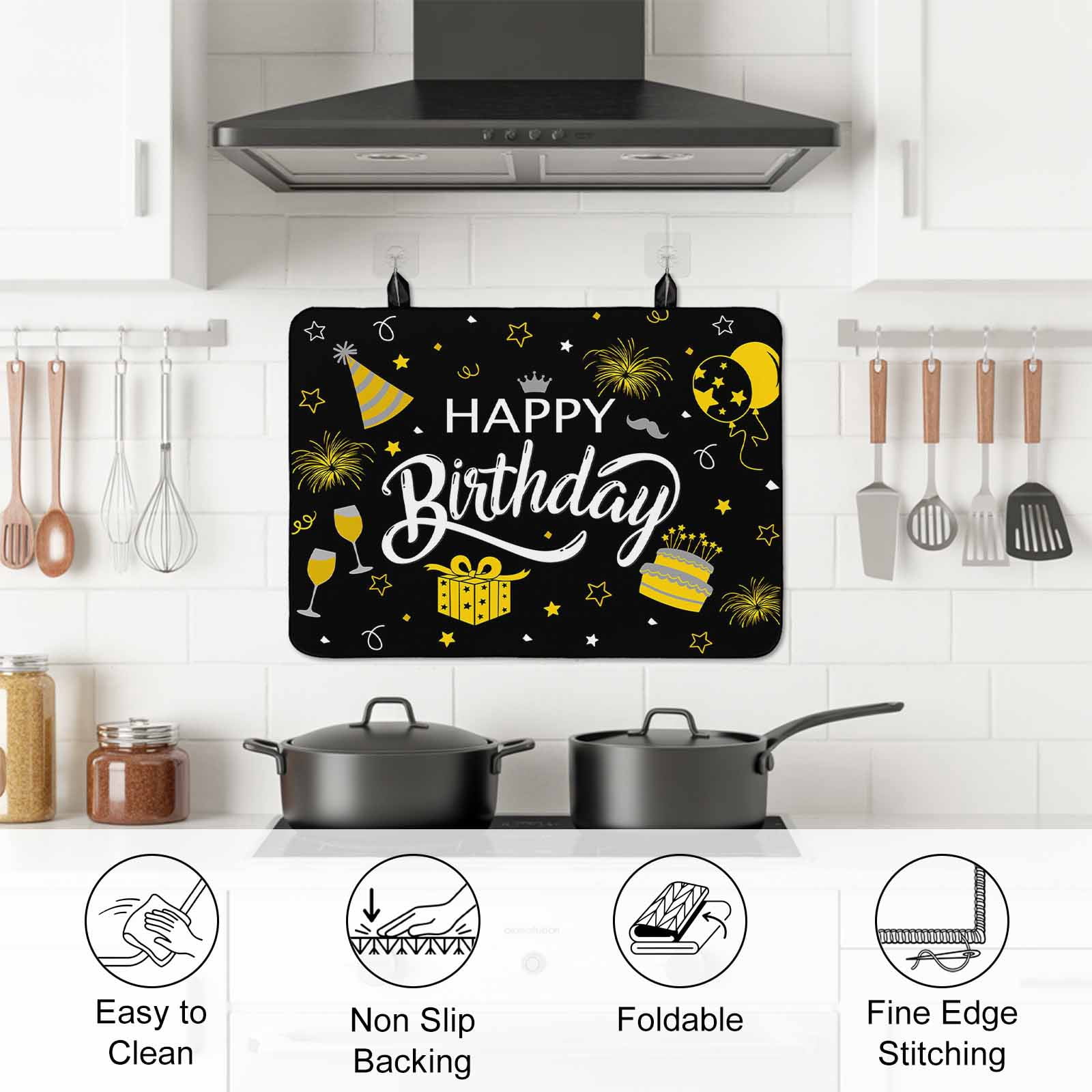 Happy Birthday Stove Top Cover for Electric Stove, Heat-proof & Non Slip Glass Top Stove Cover Protector, Yellow Cake Birthday Gifts Balloon Black Kitchen Flat Cooktop Rubber Mat 24x21 Inches