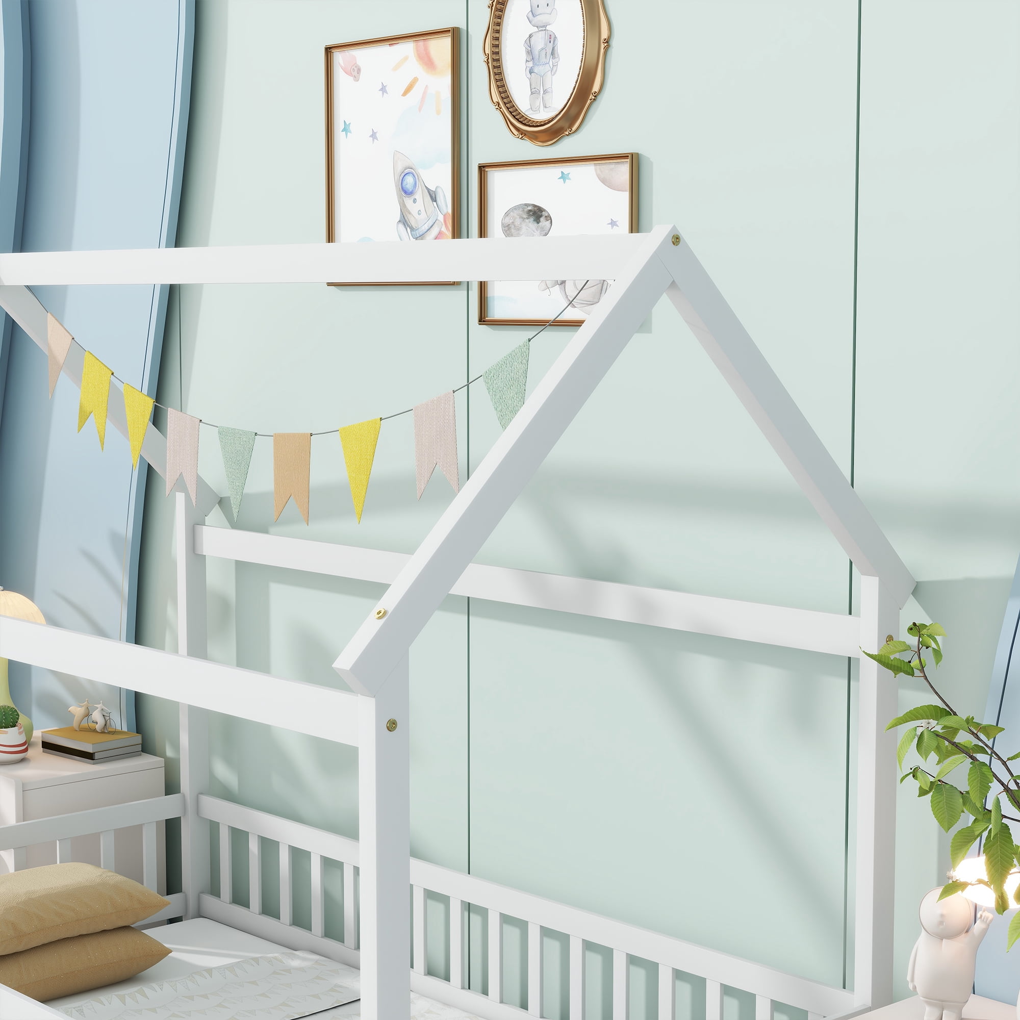 Alvantor Twin Size Floor House Bed for Toddler, Solid Wood Bed Frame with Guardrails White