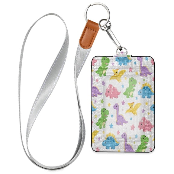 PU Leather Badge Holder Lightweight ID Card Holder with Window Pocket Cute Little Dinosaur Pattern