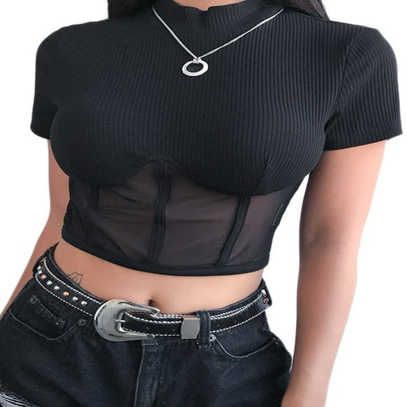 Women Black Print Mesh Sheer See Through T-Shirt Crop Top Blouse