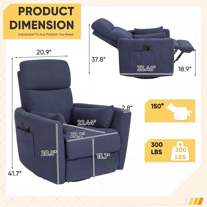 Furmax 360° Swivel Recliner Power Massage Rocker Chair Adult Glider Rocker with 2 Comfy Pillows for Nursery,Loop Yarn Blue