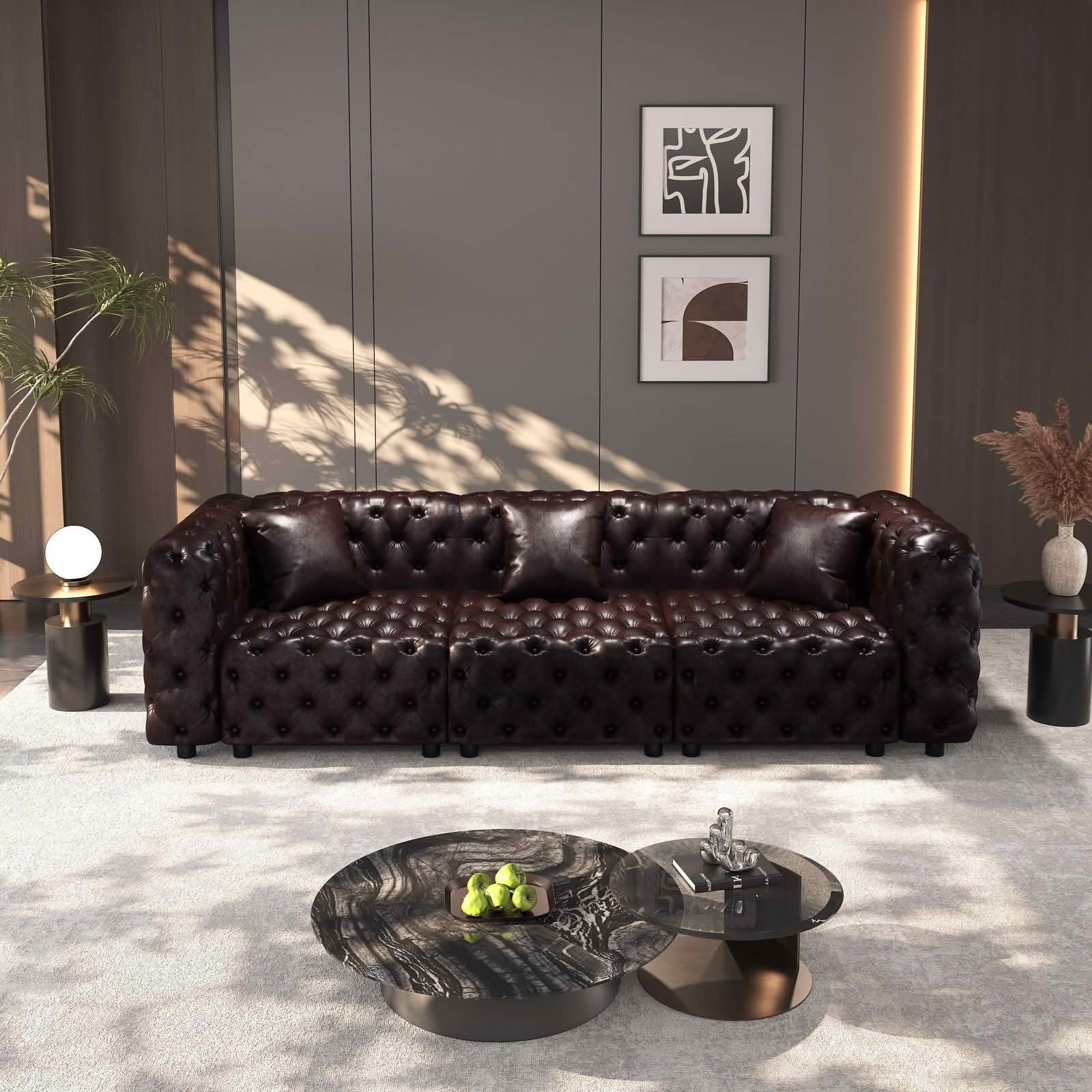 MAYEERTY 105.7 Inch Faux‑Leather 3‑Seat Modular Sofa, Handcrafted Button Tufted Couch with 3 Pillows, Multi‑Layout for Living Room & Small Apartment