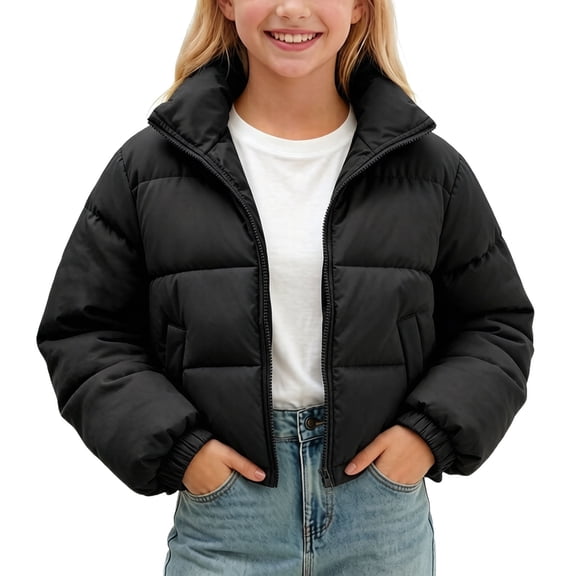 CYRBOKO Girls Puffer Jackets, Long Sleeve Lightweight Lapel Zip Up Winter Outerwear Black Size 10-12 T