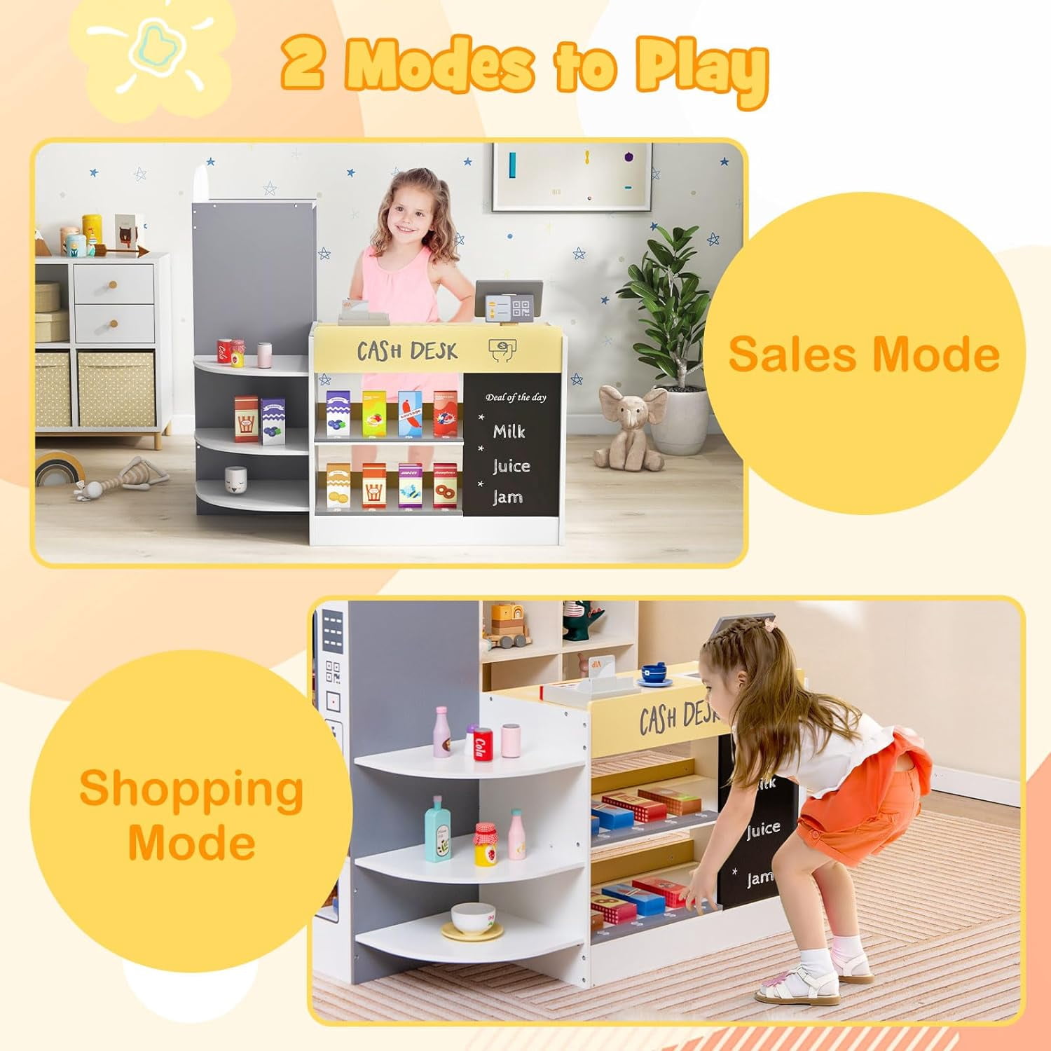 OLAKIDS Kids Grocery Store Playset, Wooden Supermarket Toy Set with Cash Register, Vending Machine, Play Food Accessories, Blackboard, Pretend Play Store Gift for Toddler Boys Girls (Grey)