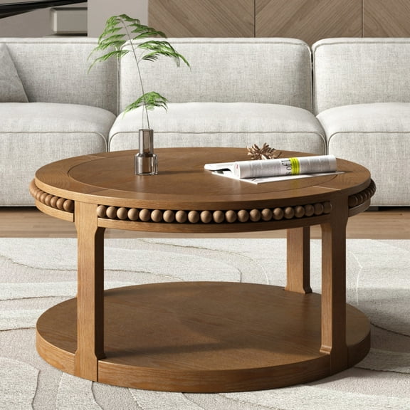 Noble House Solid Wood Round Coffee Table for Living Room,2-Tier Rustic Wood Desktop with Storage Shelf Modern Design Home Furniture, Walnut Brown