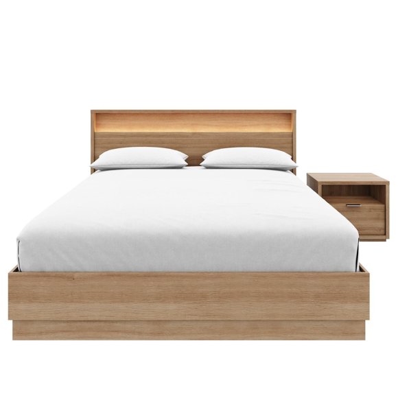 Harlow 3 Piece Bedroom Set with Slatted Bedframe, Headboard with Integrated Light, 1 Nightstand