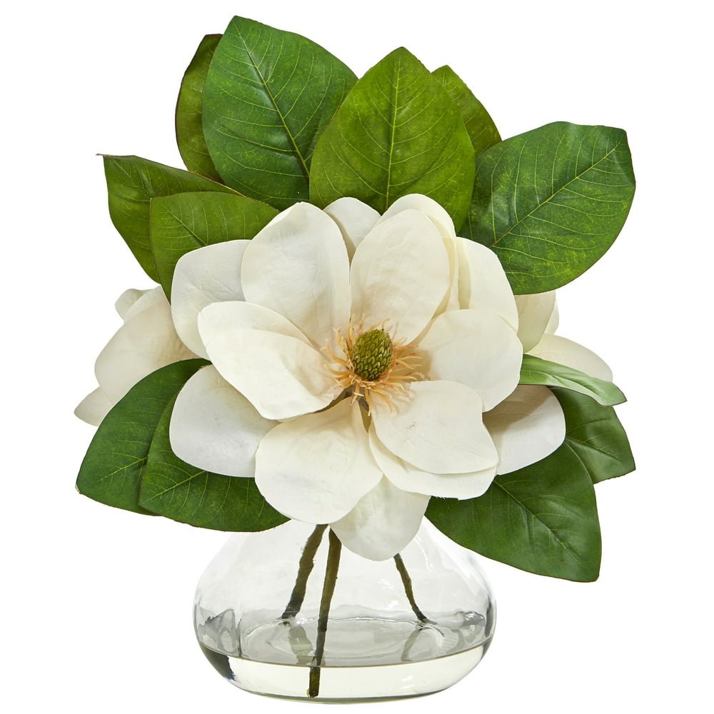 Nearly Natural Magnolia Artificial Arrangement in Glass Vase Walmart