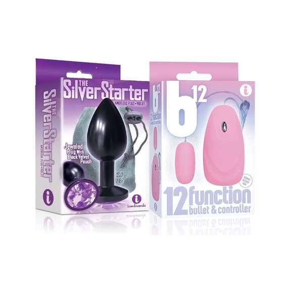 Sexy Gift Set of The Silver Starter, Bejeweled Annodized Stainless Steel Plug, Violet and Icon Brands B12 Bullet, Pink