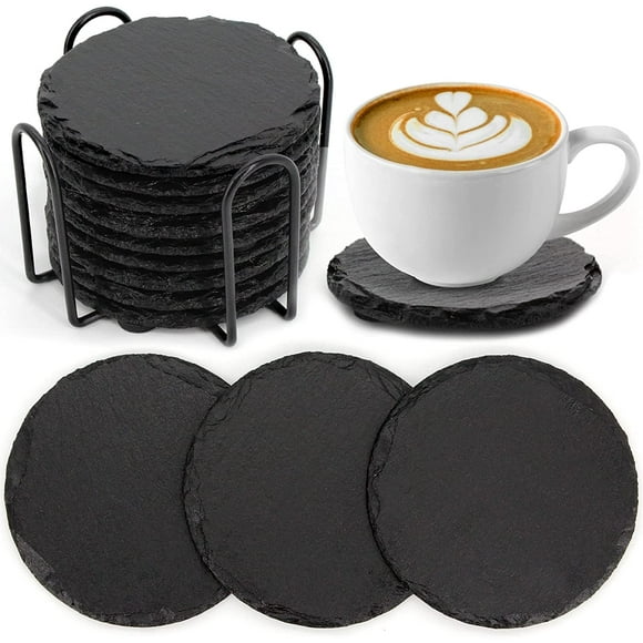 9 Pack Slate Drink s, Round Slate Set with Holder Handmade Slate Stone For Bar Kitchen Home r, 4" Inches in Diameter, Black Round