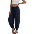 thumbnail image 5 of Tnhcen Women's Linen Blend Joggers, Drawstring Elastic Waist Loose Fit Wide Leg Pants with Pockets & Cuffed Ankle, Casual Linen Look Cropped Pants for Women, S-2XL, 5 of 6