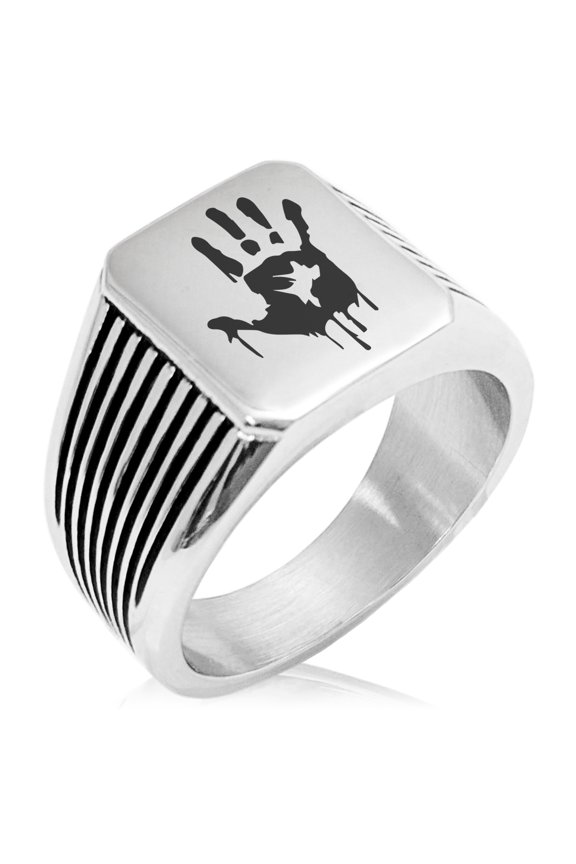 Stainless Steel Biohazard Zombie Hand Mark Needle Stripe Pattern Biker Style Polished Ring