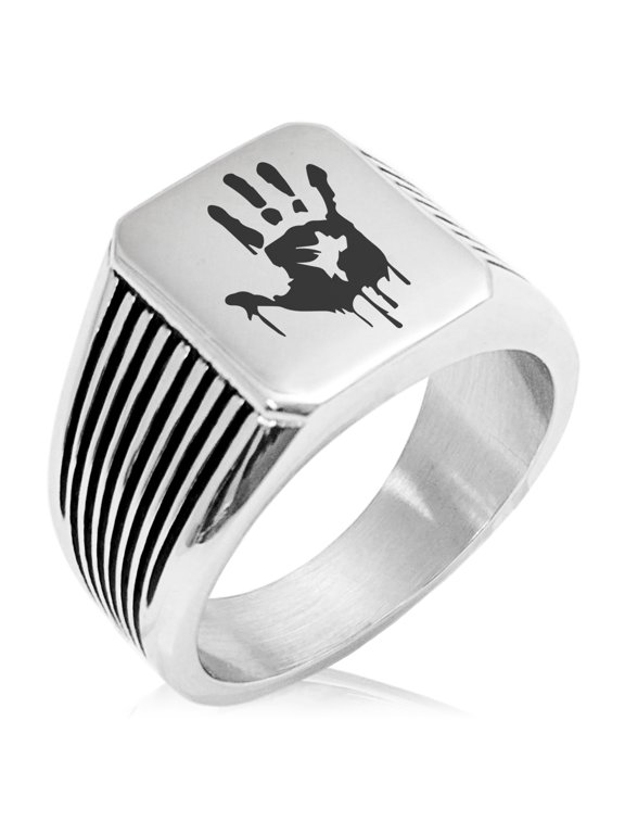 Stainless Steel Biohazard Zombie Hand Mark Needle Stripe Pattern Biker Style Polished Ring