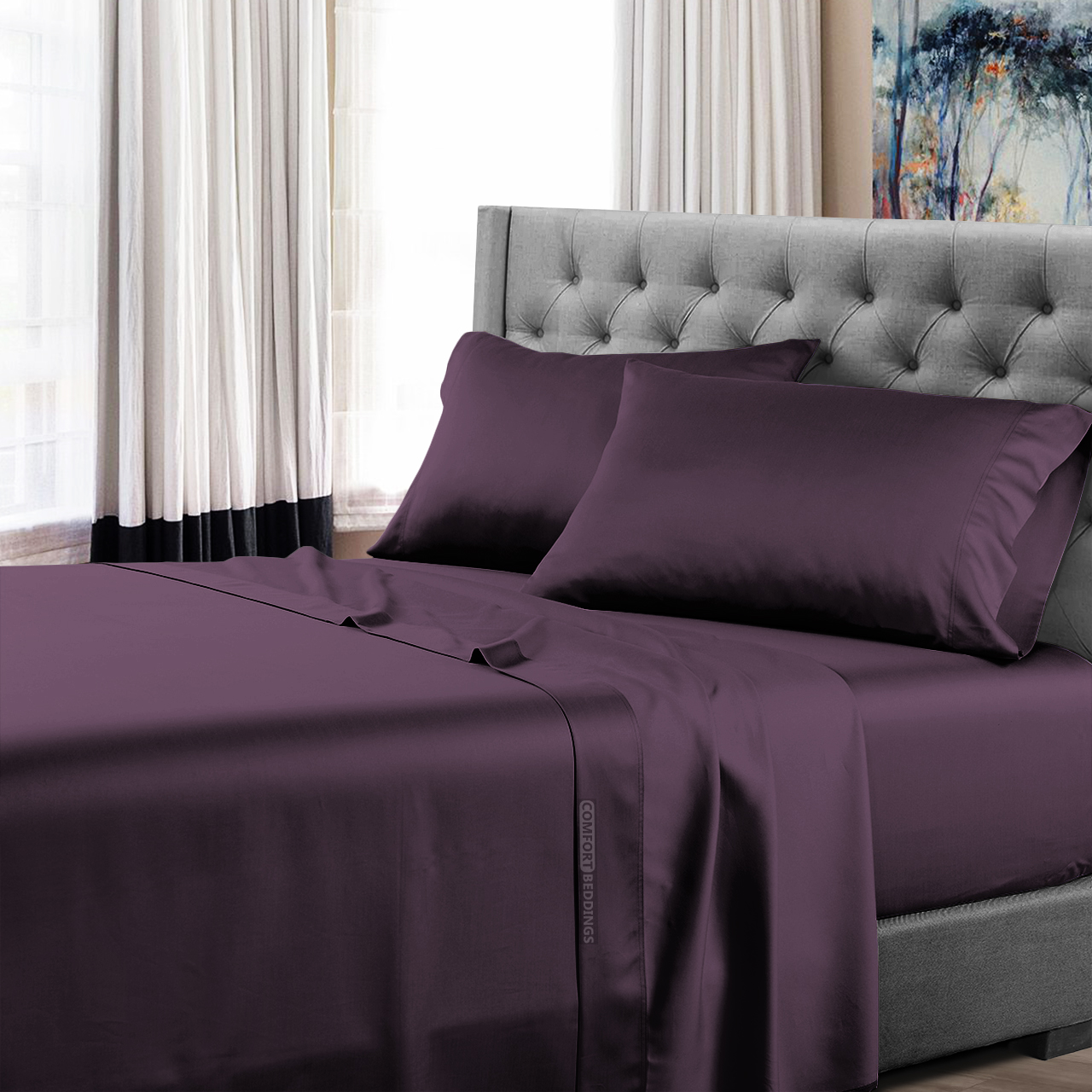 Full Size 800 Thread Count Luxury Extrasoft 100% Egyptian Cotton Piece  Sheets Set in Hotel Quality Plum Solid 21 Inch Deep Pocket