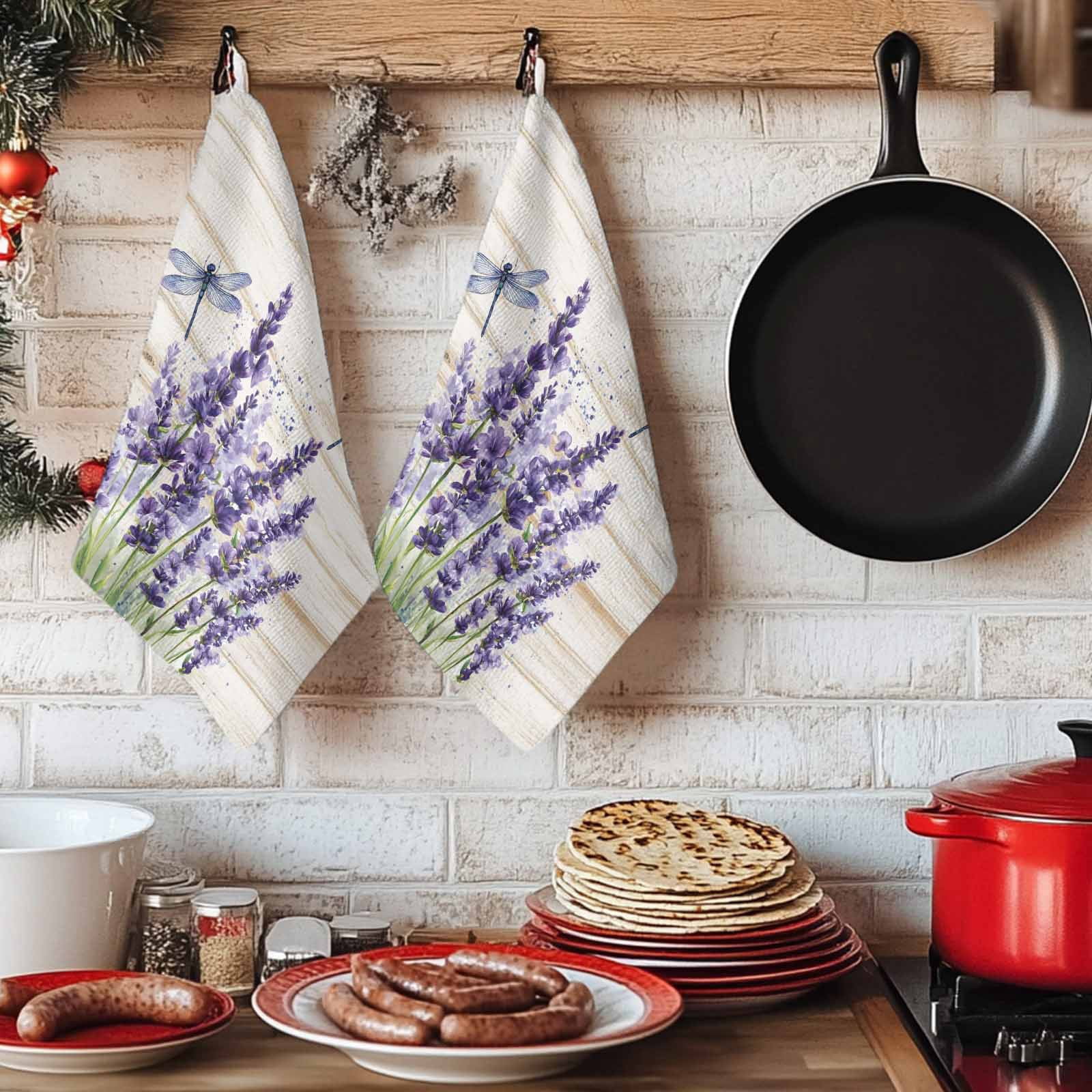 Purple Lavender Kitchen Towels Set of 2, Summer Watercolor Dragonfly Wooden Grain Absorbent Dish Towels for Kitchen, Microfiber Hand Towel, Quick Drying Tea Towel for Cleaning Decorative Dishcloths