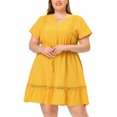thumbnail image 1 of Women's Plus Size Dress V Neck Lace Insert Half Placket Short Sleeve Tie Waist Ruffle Hem Mini Dress Yellow 3X, 1 of 5