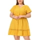 thumbnail image 1 of Women's Plus Size Dress V Neck Lace Insert Half Placket Short Sleeve Tie Waist Ruffle Hem Mini Dress Yellow 3X, 1 of 5