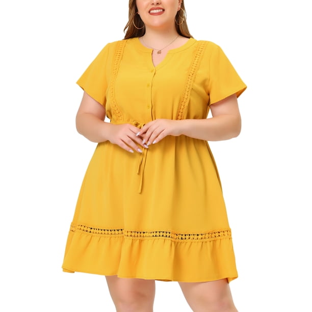 Women's Plus Size Dress V Neck Lace Insert Half Placket Short Sleeve Tie Waist Ruffle Hem Mini Dress Yellow 3X