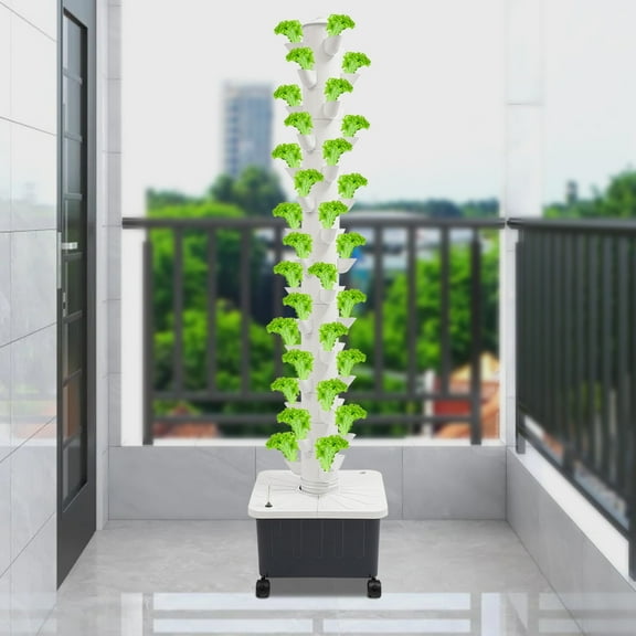 156cm White Vertical Floorstanding Hydroponic Growing Tower 45 Plant Sites Automatic Watering for Balcony Garden