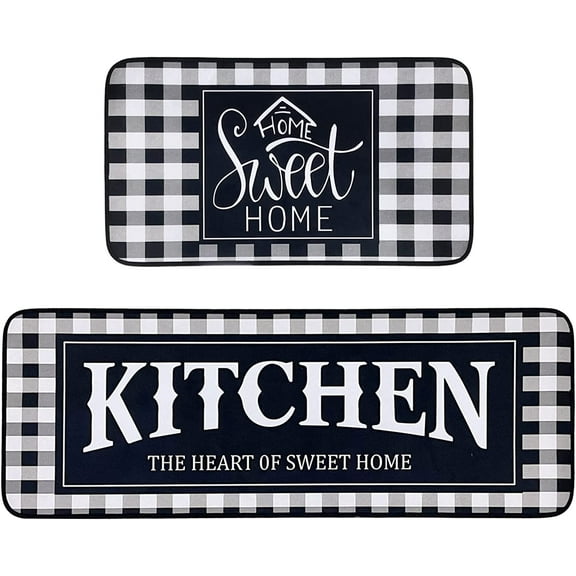 Kitchen Rugs,Non Skid Washable Microfiber mats for Kitchen Floor, Black and White Buffalo Plaid Kitchen Cushioned Runner Rug Decor Sets of 2,Size 17"x 47" 17"x 30"