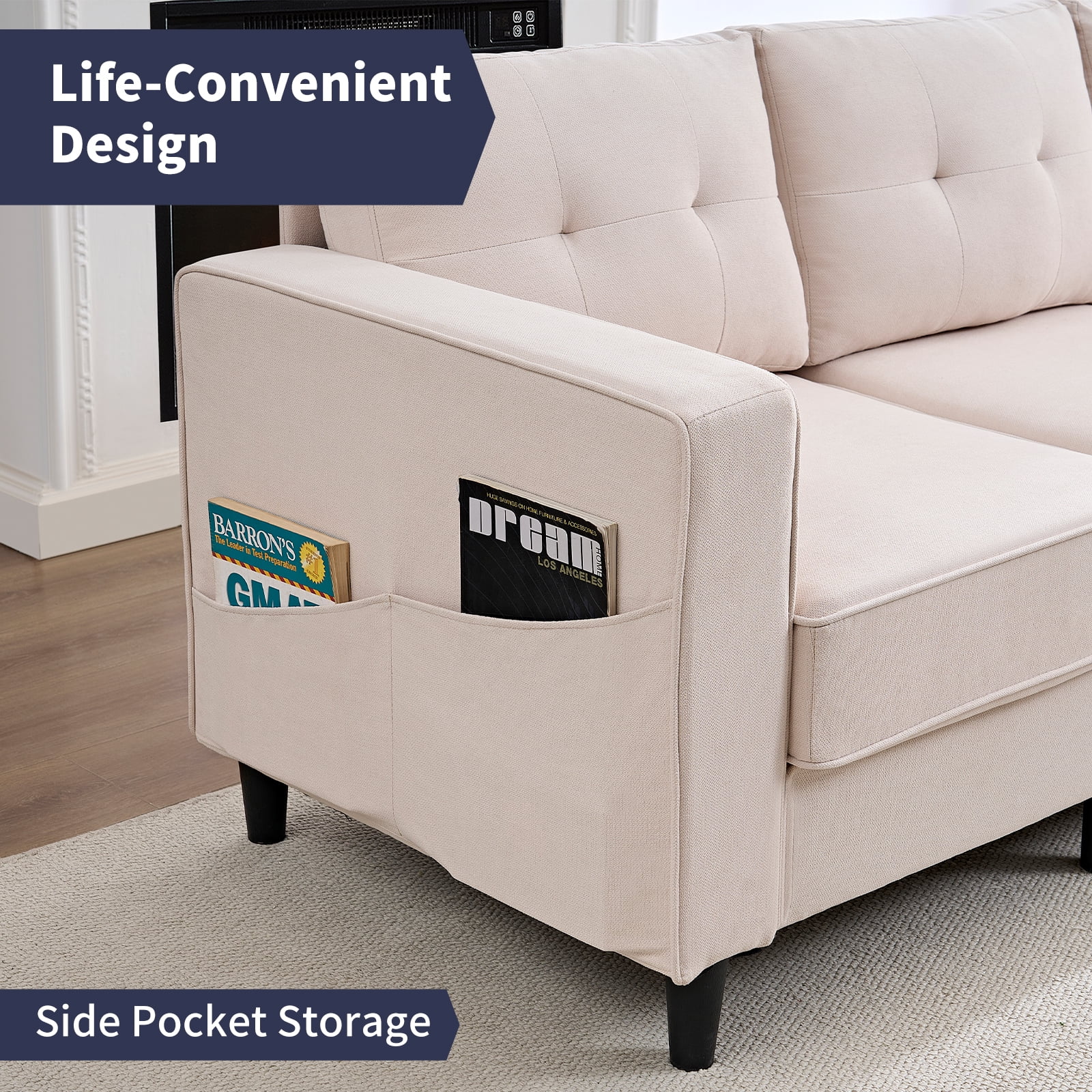 ZAFLY L Shaped Sectional Couch, Corner Couches and Sofas with Side Pockets, Sectionals for Living Room - Beige