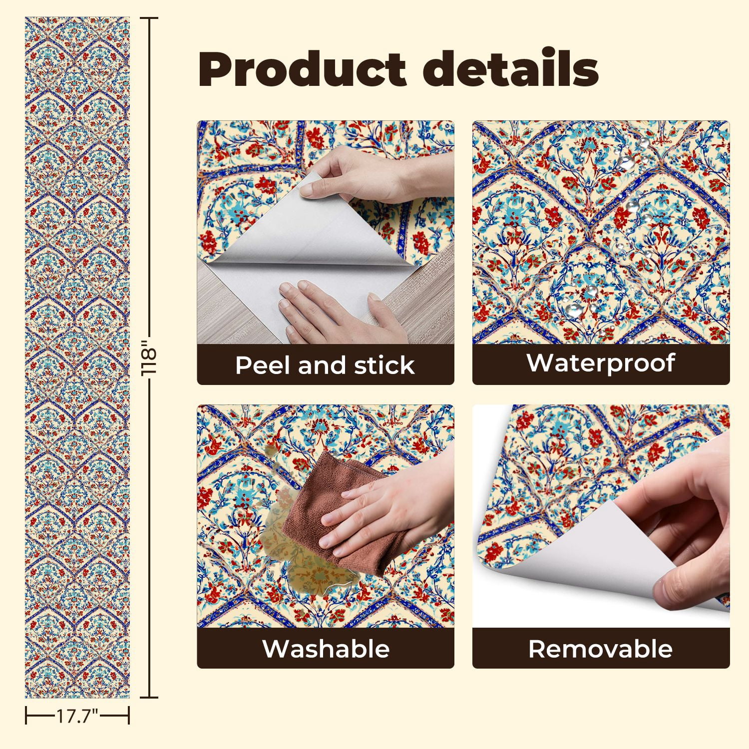 Peel and Stick Wallpaper Ornate Floral Blue Red Details Soft Beige Wall Mural 17.7in x 9.8ft Self Adhesive Removable Wall Paper Renter Friendly Wallpaper for Bedroom Livingroom Office