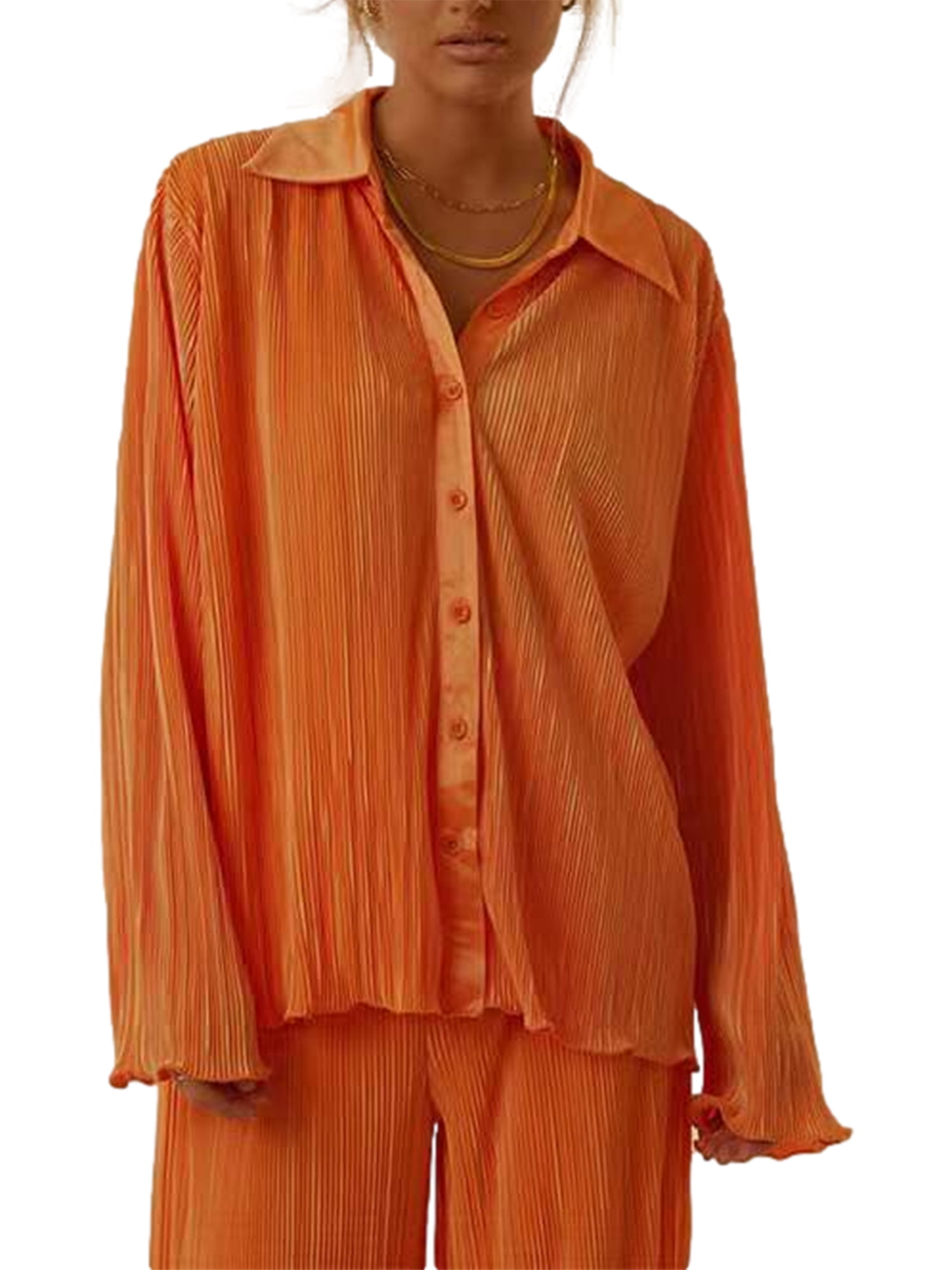 Women Pleated 2 Piece Outfit Loungewear Pants Set Long Sleeve Button Down  Blouse Shirt Palazzo Pants Suit Streetwear - Walmart.com