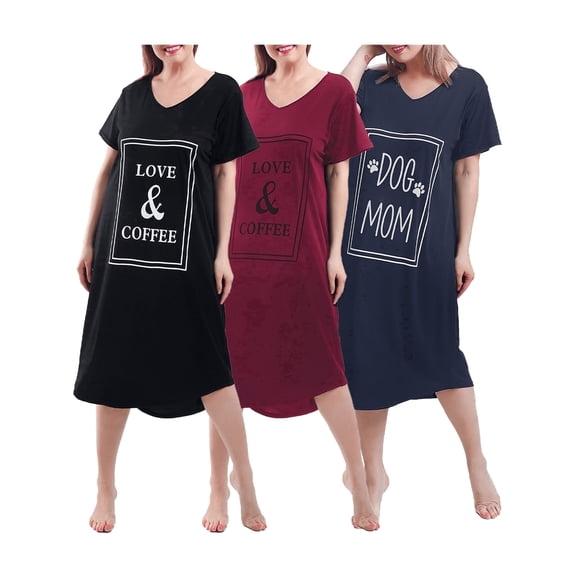 FEREMO Nightgown for Women Plus Size Long Sleepwear Printed Comfy Sleep Shirts 3 Pack (3X)
