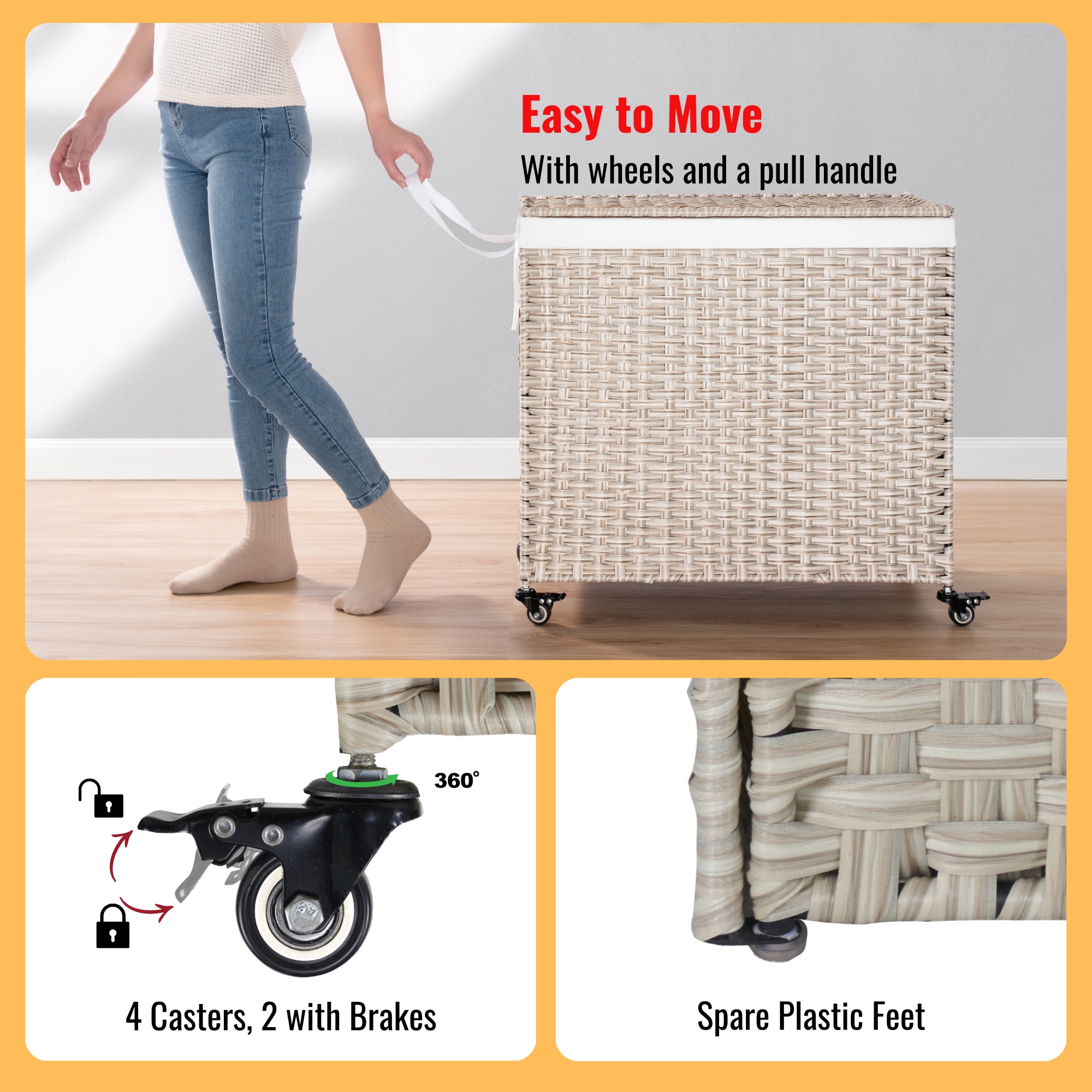 PORKISS Wheeled Laundry Basket with Lid, Laundry Hamper for PE Rattan, Waterproof Square Clothes Hamper with Removable Bags for Dorm Clothes Toy Storage, 42.26 Gal. Light Gray