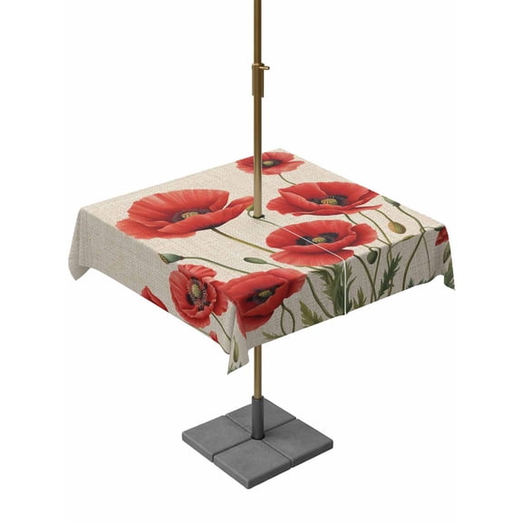 Outdoor Tablecloth with Umbrella Hole for Patio/Picnic/Party/Camping, Red Poppy Waterproof Table Cloth Square Cover Washable, Spring Summer Farmhouse Flowers Rustic Burlap (60"x 60")