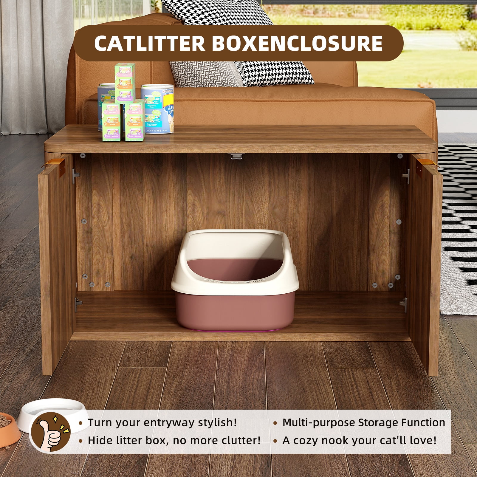 31.5" Walnut Cat Litter Box Enclosure, Mid Century Modern Fluted Hidden Litter Box Cabinet, Decorative Kitty End Table for Living Room, Bedroom and Entryway