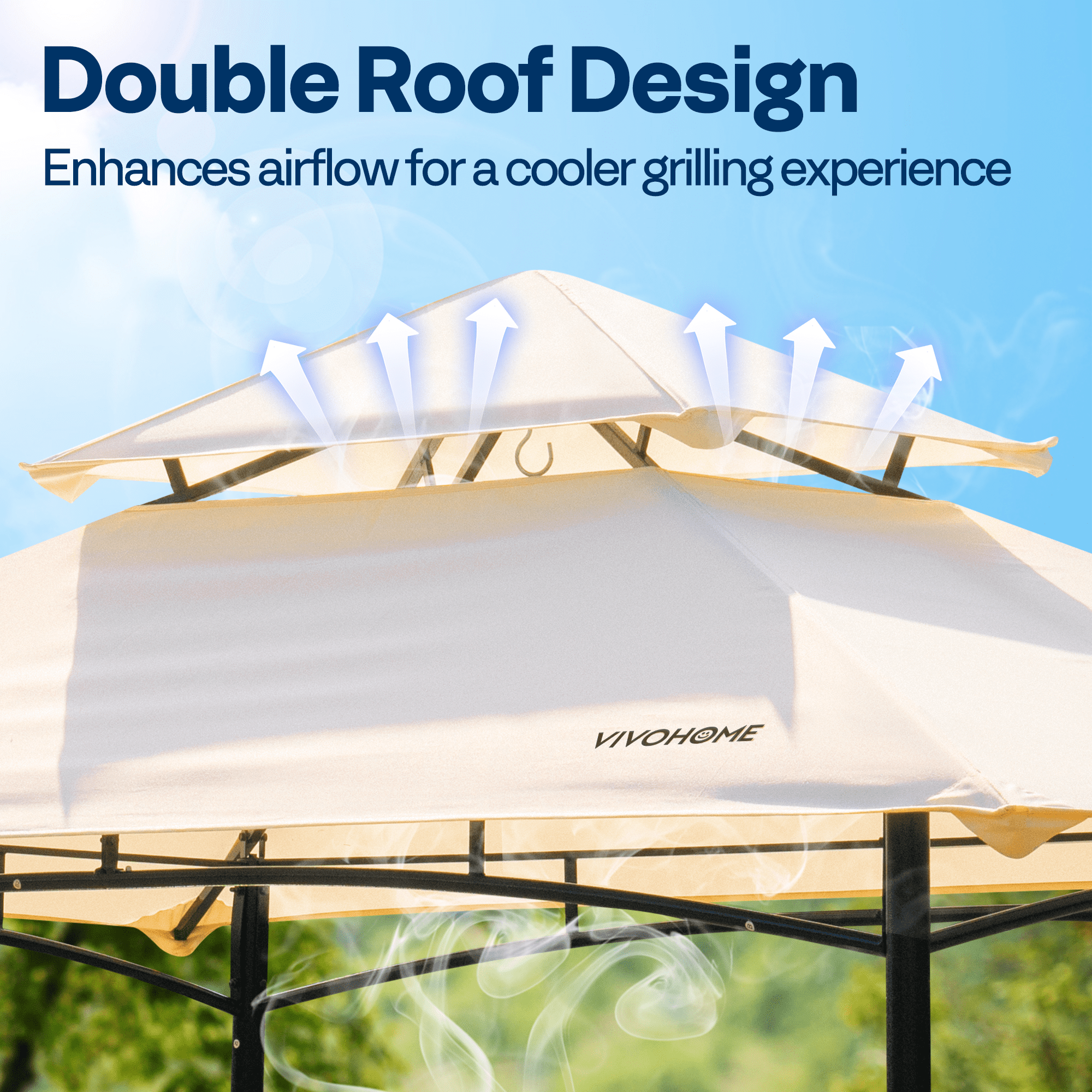 SPECSTAR 8' x 5' Grill Gazebo Canopy, Outdoor BBQ Gazebo Shelter with 2 Side Shelves & Double-Tiered Top, Beige