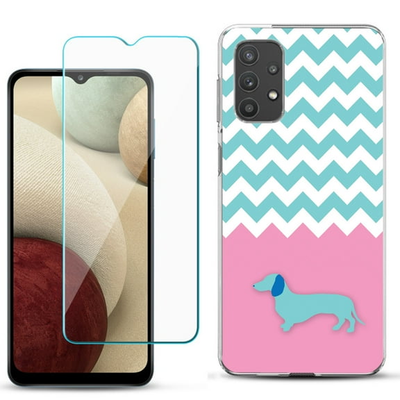 Slim-Fit TPU Phone Case compatible with Samsung Galaxy A32 5G, with Tempered Glass Screen Protector, by OneToughShield ® - Chevron/Dachshund/Puppy