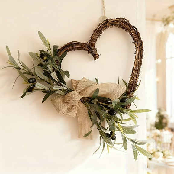17.7" Valentine’s Day Artificial Olive Heart Wreath - Burlap Bow & Black Berries, Stylish Easter Decor for Front Door, Indoor Home & Romantic Accents
