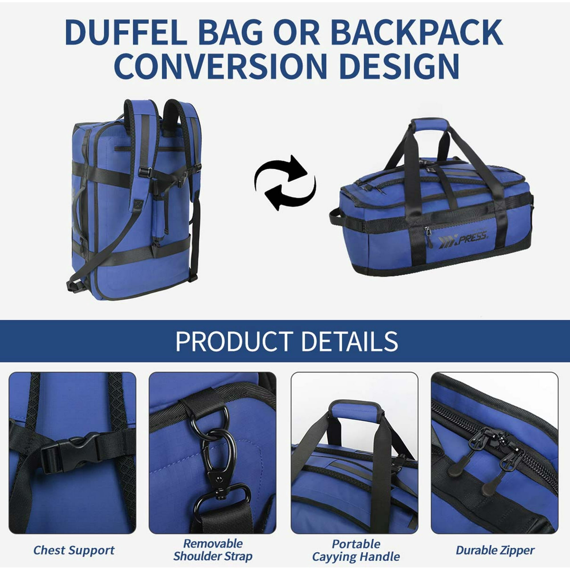 New York Xpress 40L Convertible Duffel Bag,Heavy-Duty Water-Resistant Travel Bag with Backpack Straps, Blue - LX737