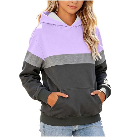 Girls Color Block Hooded Sweatshirt, Long Sleeve Pullover Hoodie with Front Kangaroo Pocket, Kids Loose Casual Striped Patchwork Tops for Spring Fall Watermelon Red 13-14 Years