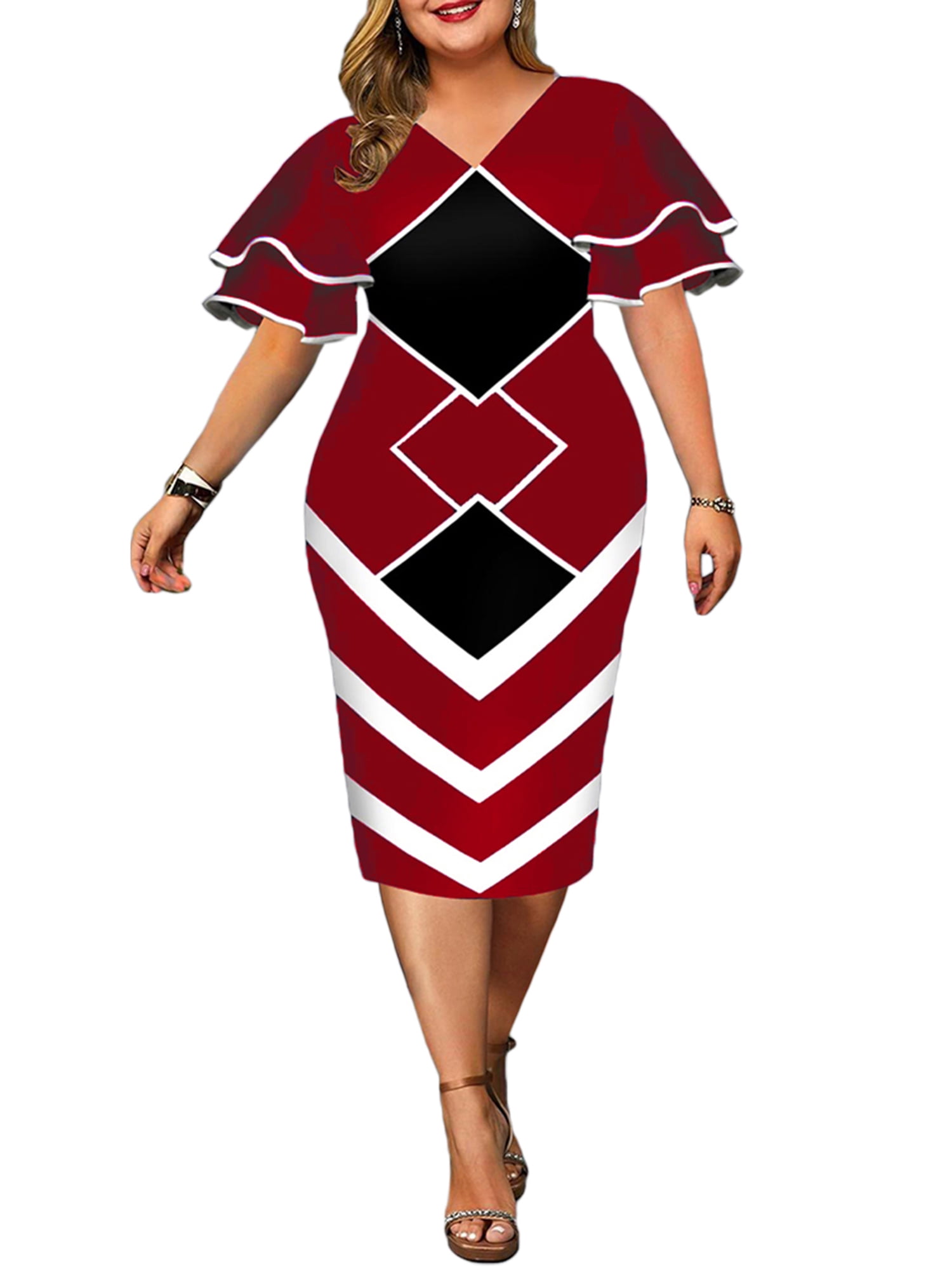 Huakaishijie Women Elegant Graphic Flare Sleeve VNeck Onepiece Dress,Plus Size