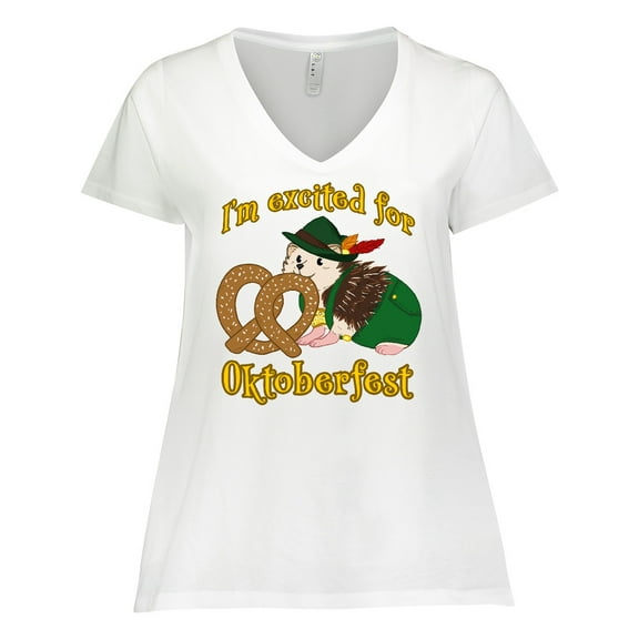 Inktastic I'm Excited for Oktoberfest with Cute Hedgehog Women's Plus Size V-Neck T-Shirt