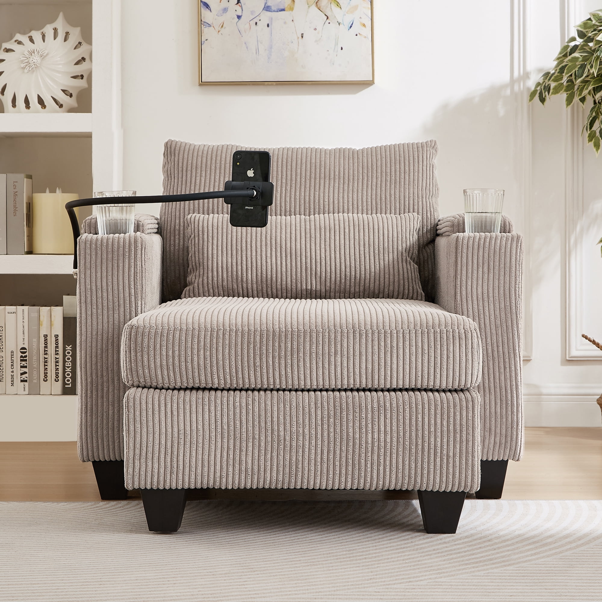 Euroco Convertible Sofa Chair with Chaise Lounge Extension, Hidden Armrest Storage, USB Charging Ports, Phone Holder & Cup Holders, Corduroy Fabric Recliner with Lumbar Pillow, for Small Spaces