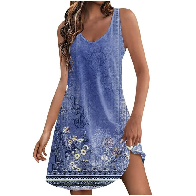 Pisexur Robes d'Été pour Femmes Boho Robe de Plage Florale Col en V Sans Manches Mini Robes Décontractées Fluides Robe Débardeur pour Vacances à la Plage avec Poches