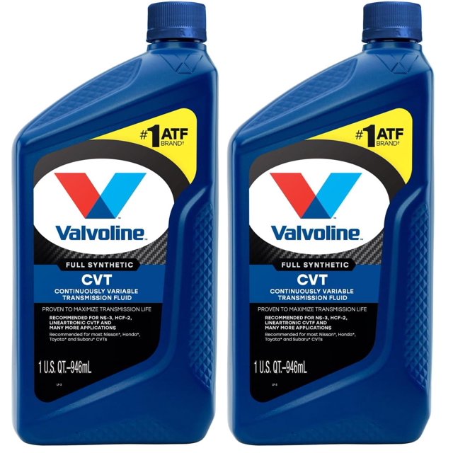 Fluido de transmisión sintético completo Valvoline CVT 1.9L paquete de 2 — dos botellas frontales azules con logo Valvoline en etiqueta blanca, texto 'Full Synthetic' y 'CVT', tapa azul y gráfico amarillo con '#1 ATF', envases alineados y detalles de la etiqueta legibles.