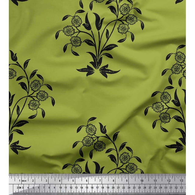 Soimoi polyester Crepe Fabric Leaves & Floral Block Print Fabric by the Yard 52 Inch Wide